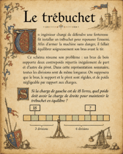 Énigme historique illustrée du trébuchet avec un problème d’équilibre à résoudre.